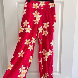 Kids Bright Red Floral Wide-Leg Casual Pants